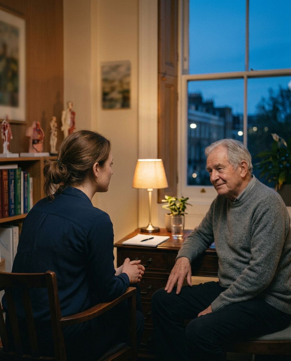 Clinician and patient in conversation in a warm consultation room