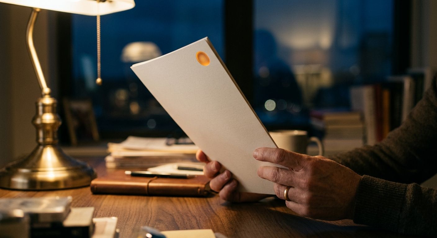 Hands holding the Sango report by warm lamplight at an evening desk